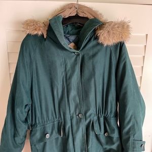 London Fog down filled coat split back trench 2 button removable hood